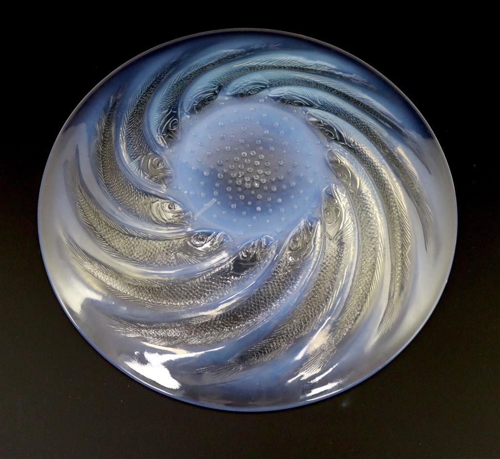 René Lalique. A pre-war opalescent glass Poissons No.2 pattern coupe plate, no.3264, designed in 1931, 24cm diameter